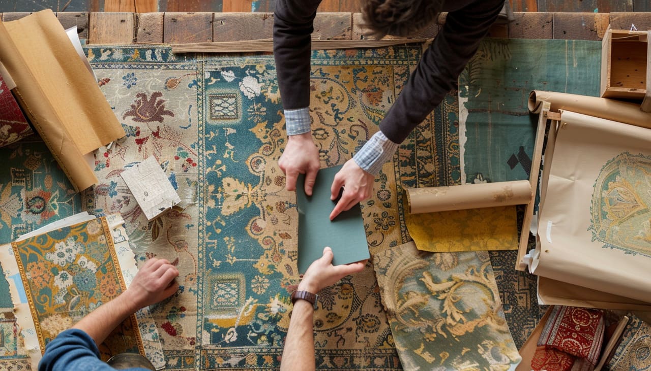 Top down view of people inspecting samples and colors on a table